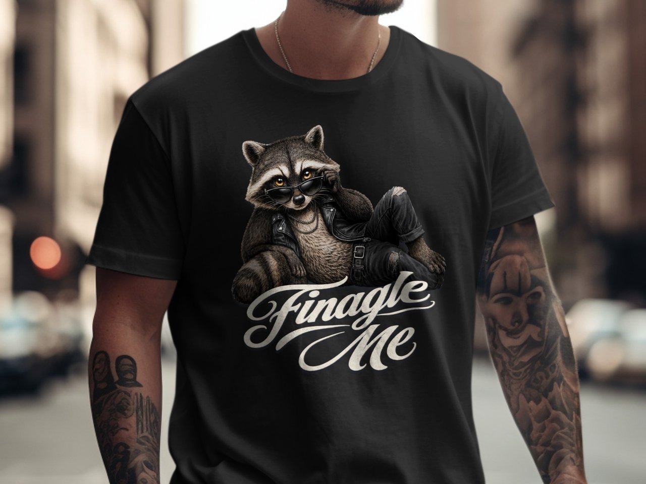 Cool Raccoon Finagle Me T-Shirt | Edgy Animal Graphic Tee | Biker Raccoon Sunglasses Shirt | Unique Urban Wildlife Tee | Funny Raccoon Lover