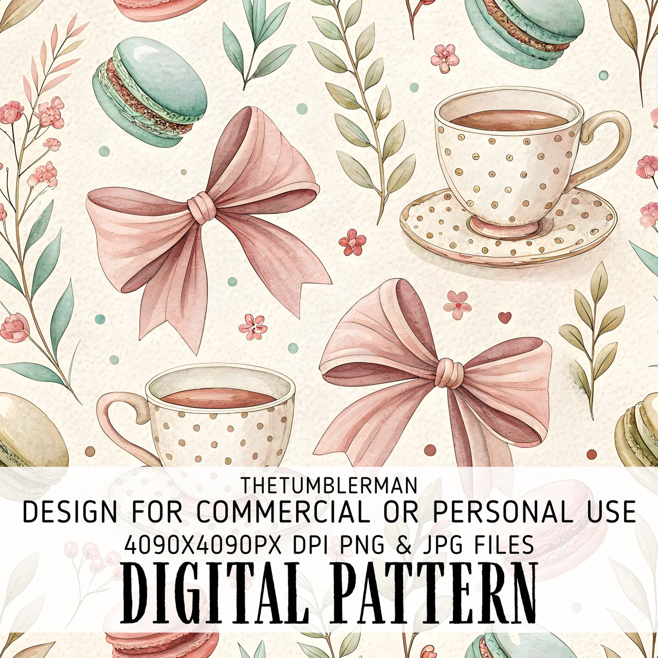 Digital Pattern, Digital Bundle, Macarons, Tea Cup, Floral, Bows, Seamless Pattern, Digital Paper, Commercial Use, Personal Use