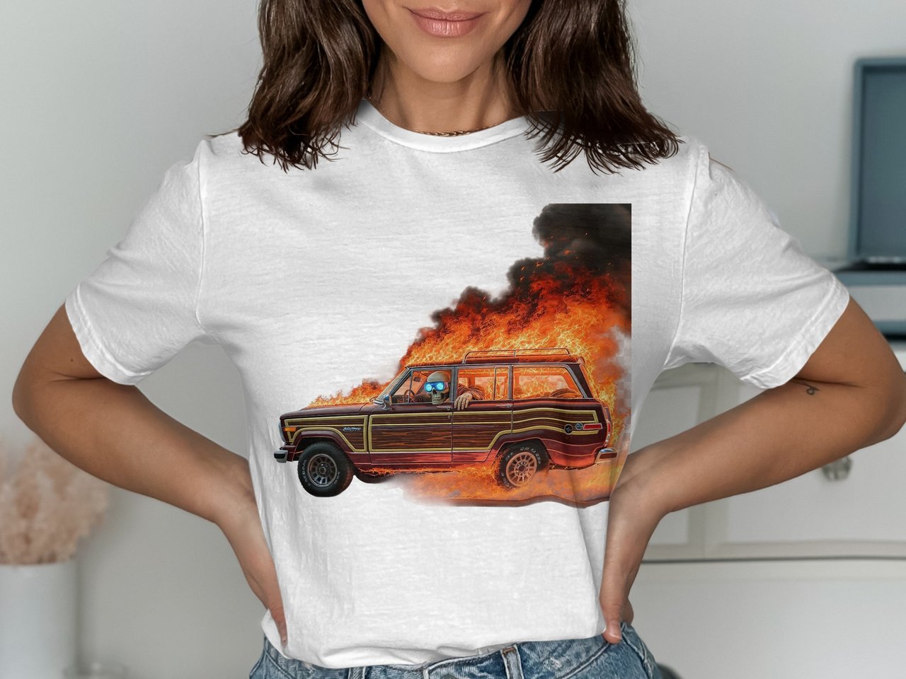 Grand Wagoneer T Shirt, Skeleton Driver, Car On Fire Tee, Automotive Enthusiast Gift, Hot Rod Tee Shirt, Car Lover Apparel, Burning Car