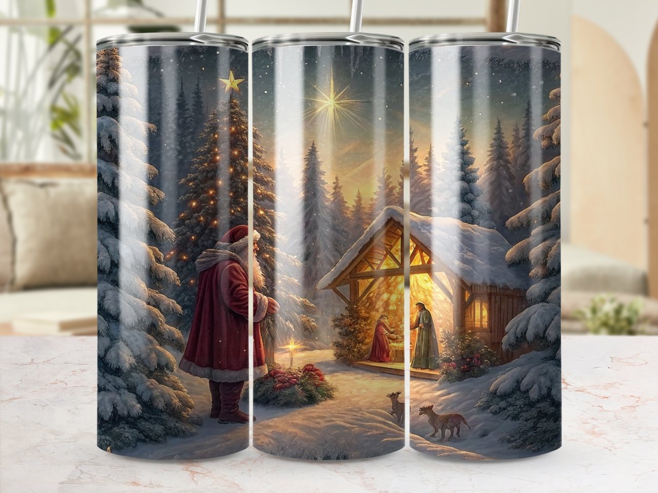 Christmas Nativity 20oz Tumbler Wrap: Winter Scene, Santa Claus, Religious Design