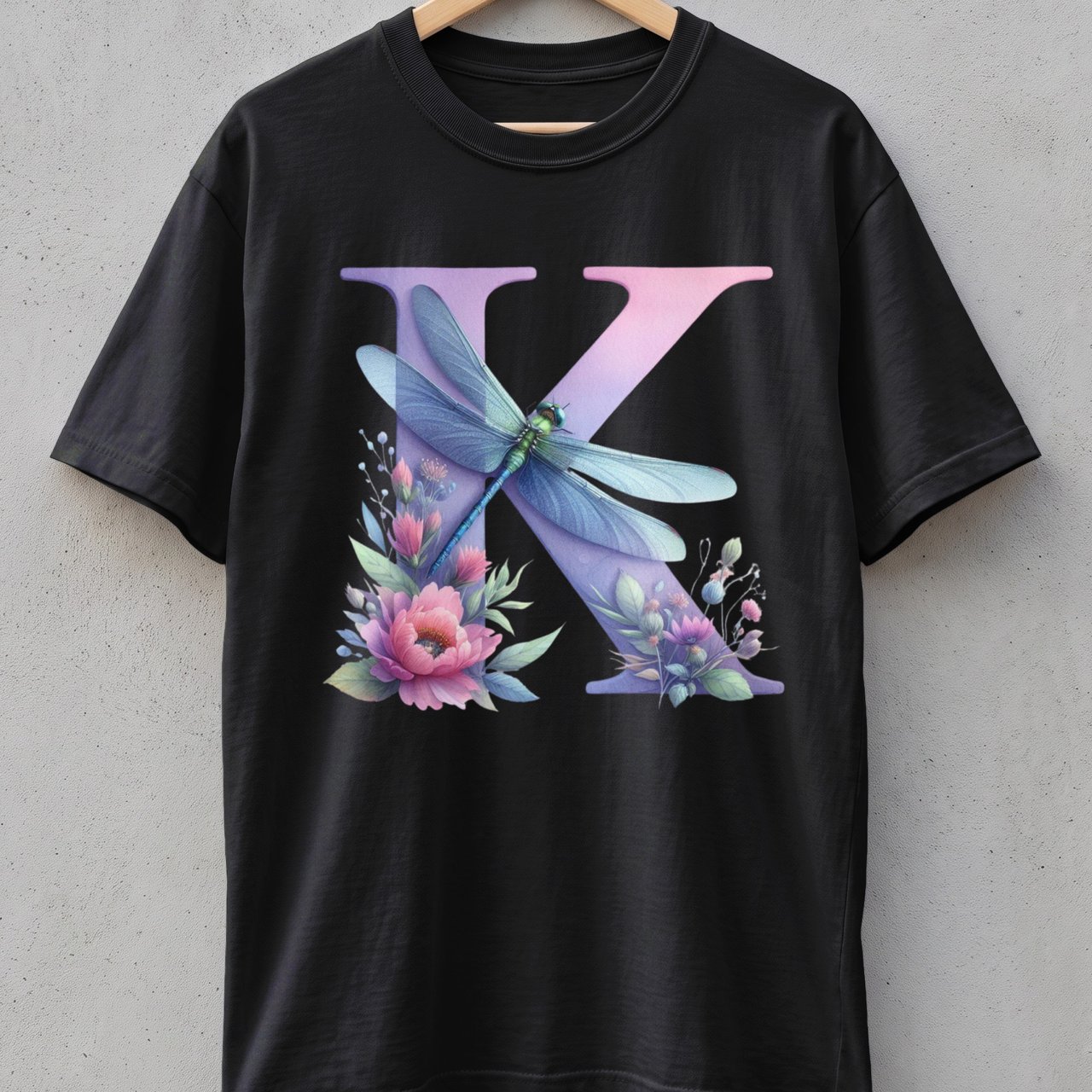 Custom Dragonfly Initial Shirt, Personalized Flower Letter K T-Shirt, Botanical Name Monogram Tee for Her, Cottagecore Aesthetic Gift