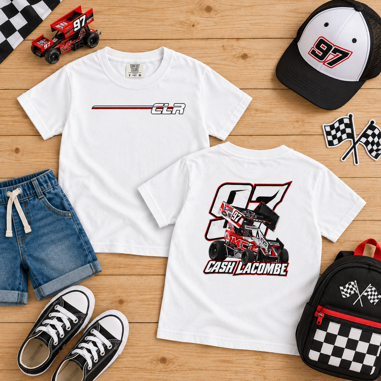 Youth Cash Lacombe #97 Racing Shirt | Front and Back Race Car Tee | Official CLR Youth Dirt Track Shirt