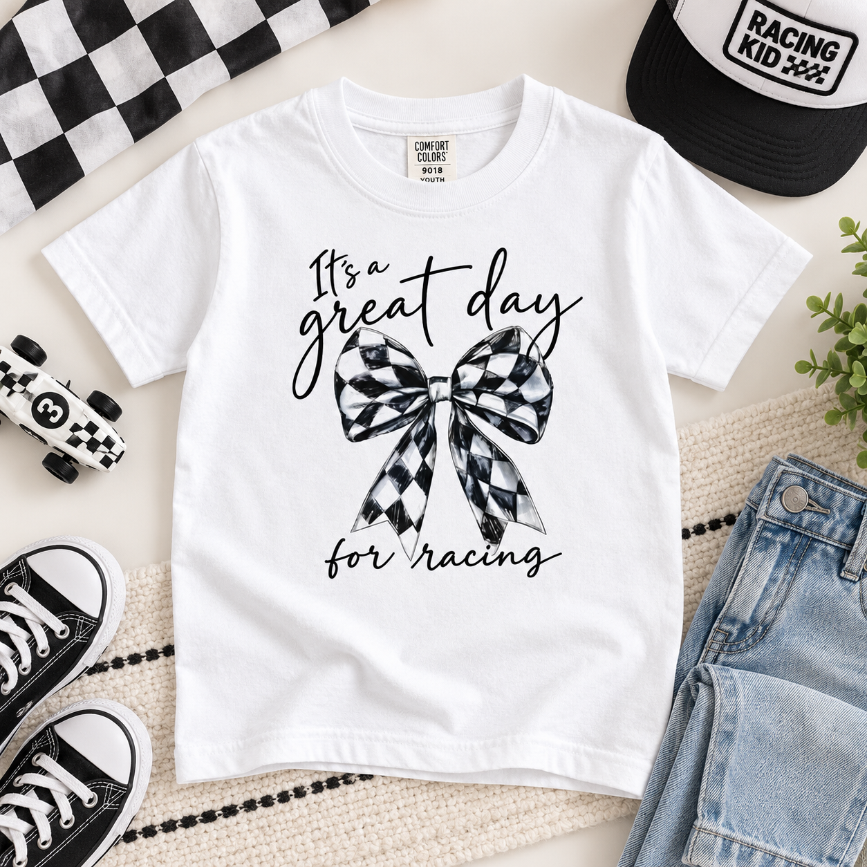 Checkered Bow Racing Shirt, Great Day For Racing T-Shirt, Coquette Race Day Tee, Dirt Track Motorsport Pit Crew Graphic Tee, Gift for Her