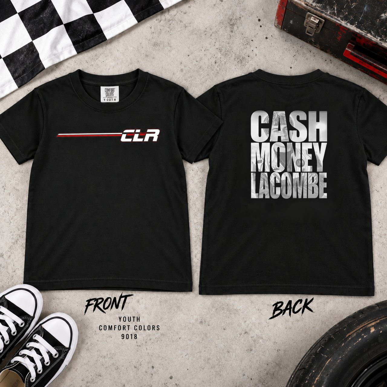 Cash Lacombe Racing Youth Shirt, Comfort Colors 9018 Front & Back Tee, Cash Money Lacombe Dirt Track Racing Shirt