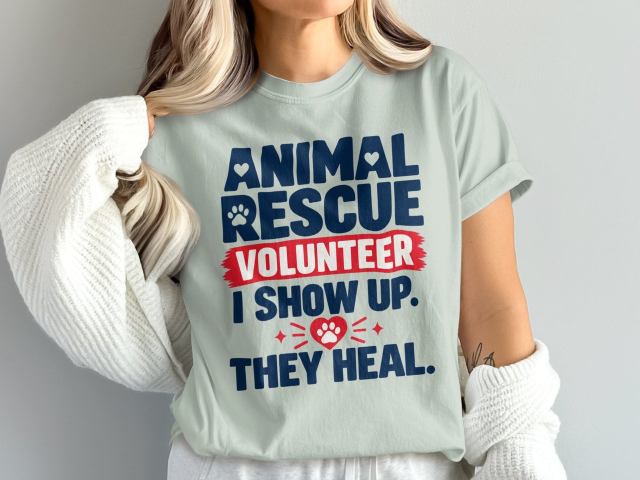 Animal Rescue Volunteer I Show Up They Heal Paw Print Graphic Standard T-Shirts