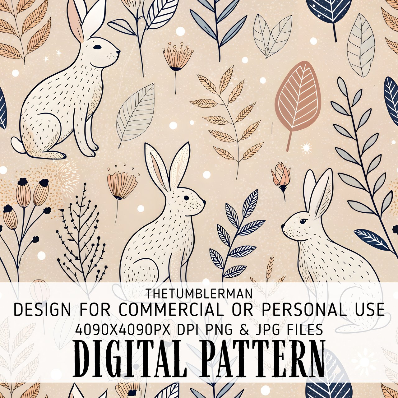 Digital Rabbit Pattern, Floral Bunny Art, Digital Bundle, Cute Hare Design, Whimsical Animal Print, Commercial Use Pattern, Digital Paper