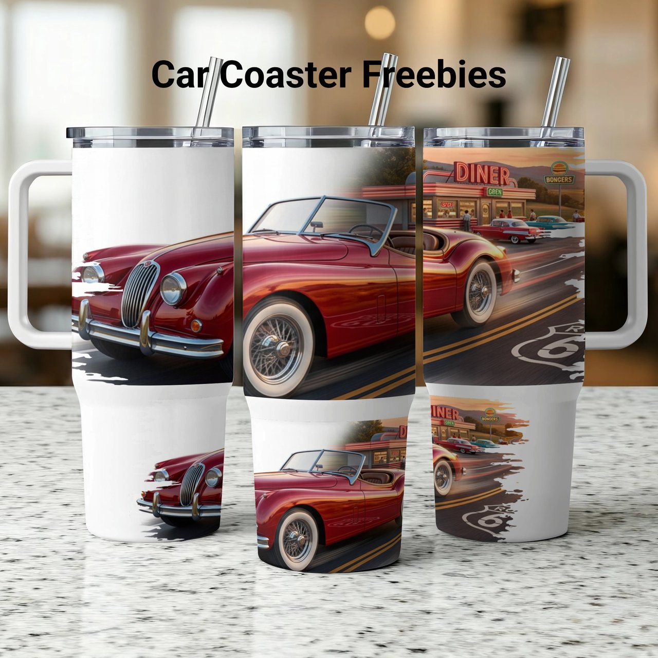 40oz Tumbler Wrap PNG Classic Car Retro Diner Route 66 Vintage Auto Digital Design for Car Lovers, Instant Download File