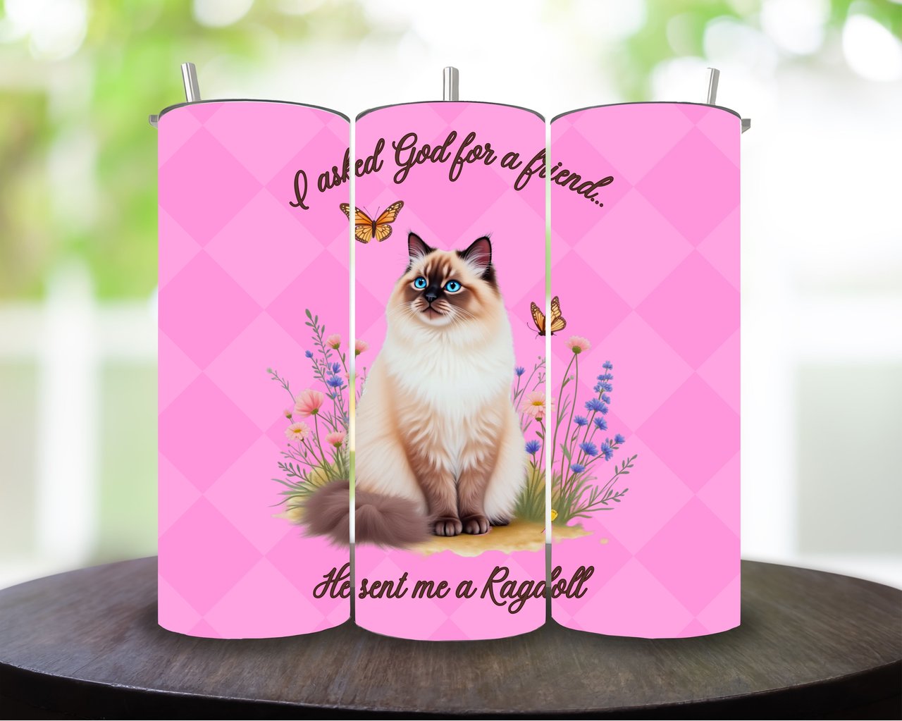 20oz. Seamless Tumbler Wrap: Ragdoll Cat Design, Seamless Full Wrap, Pet Lover Gift, Wildflowers and Butterflies