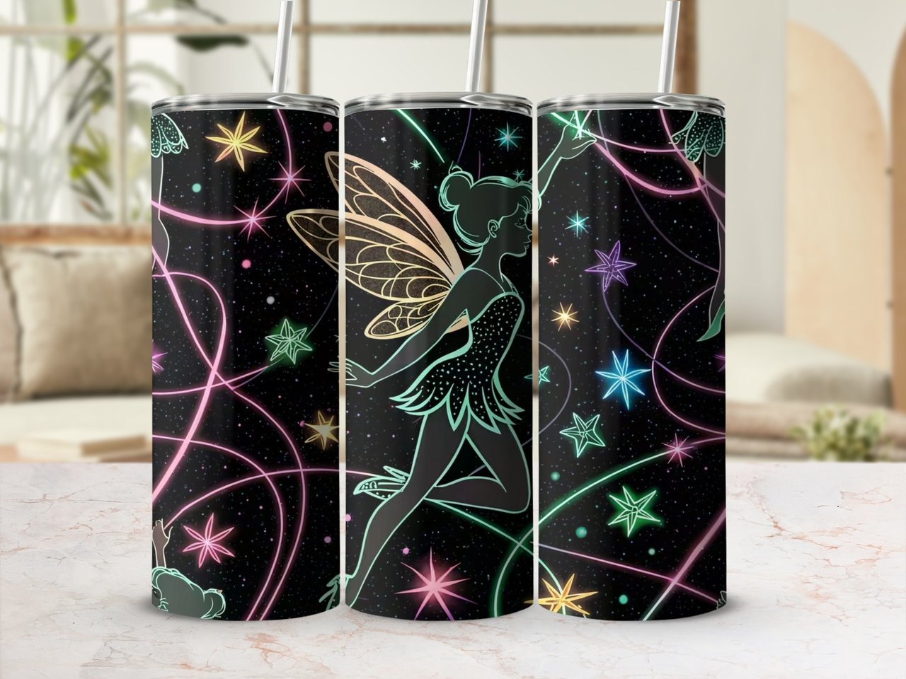 Fairy Tumbler Wrap Digital, Glow In The Dark Stars 20oz Skinny Seamless Tumbler Design, Magical Girl Tumbler Sublimation, Neon Stars Galaxy