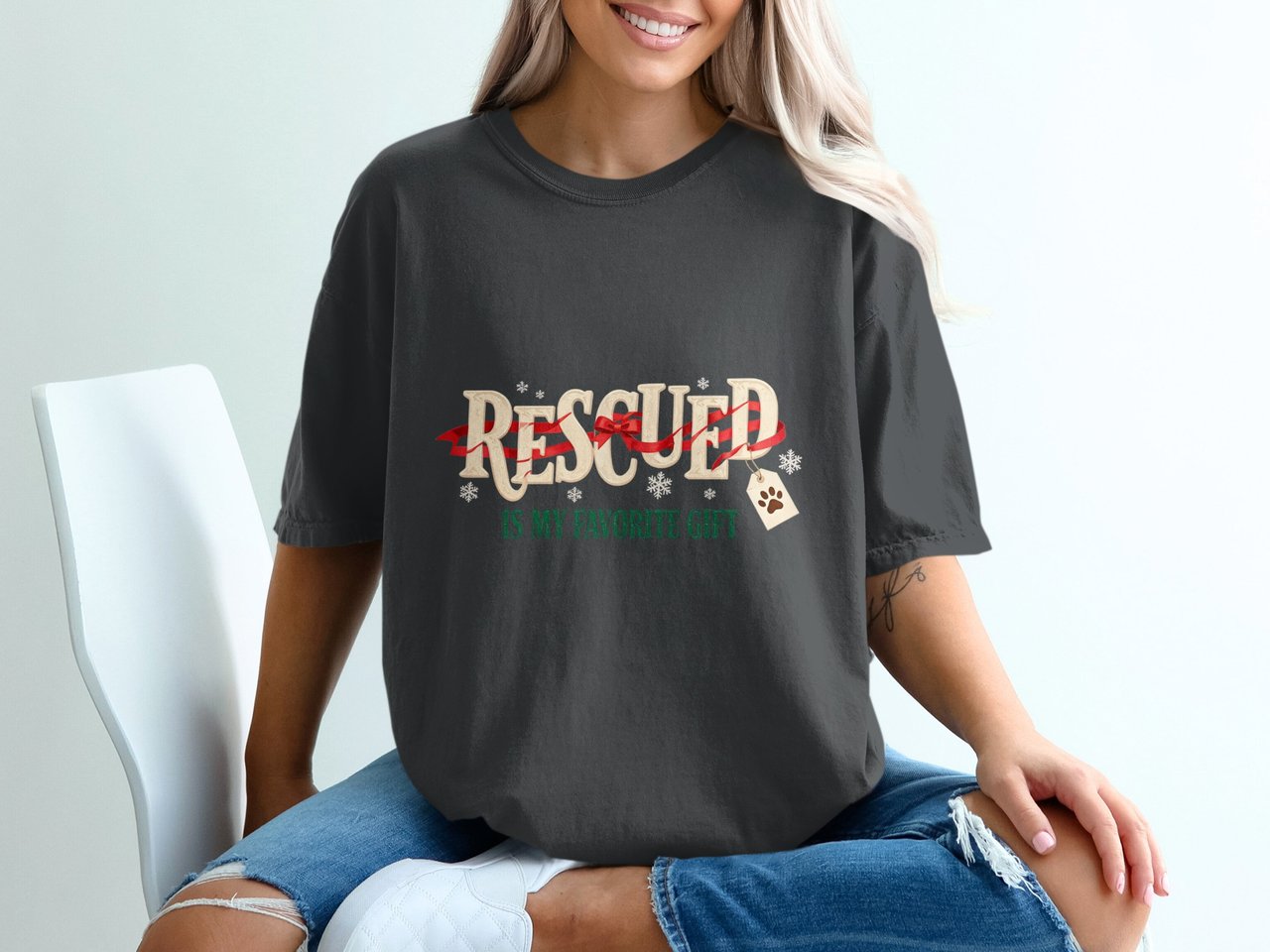 Christmas Rescued Is My Favorite Gift T-Shirt, Dog Mom Holiday Tee, Pet Lover Adoption Present, Animal Rescue Apparel