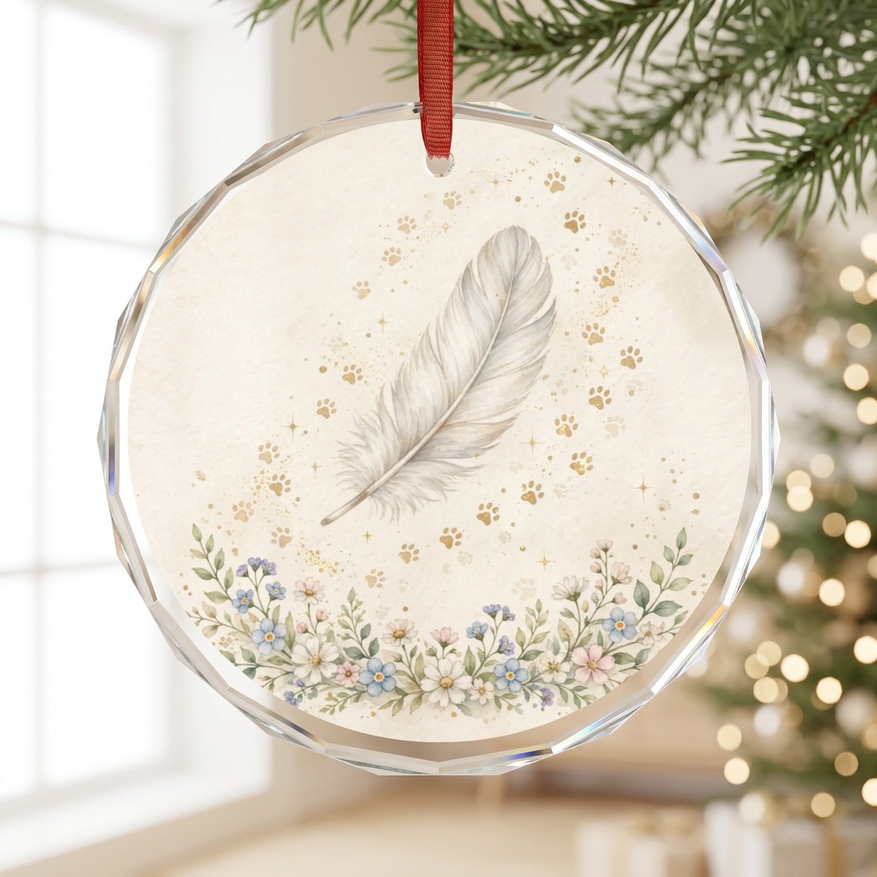 Pet Memorial Ornament | White Feather Paw Print | Pet Loss Sympathy Gift