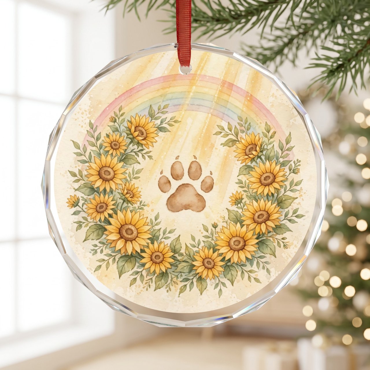 Pet Memorial Ornament | Sunflower Paw Print Rainbow | Pet Loss Gift