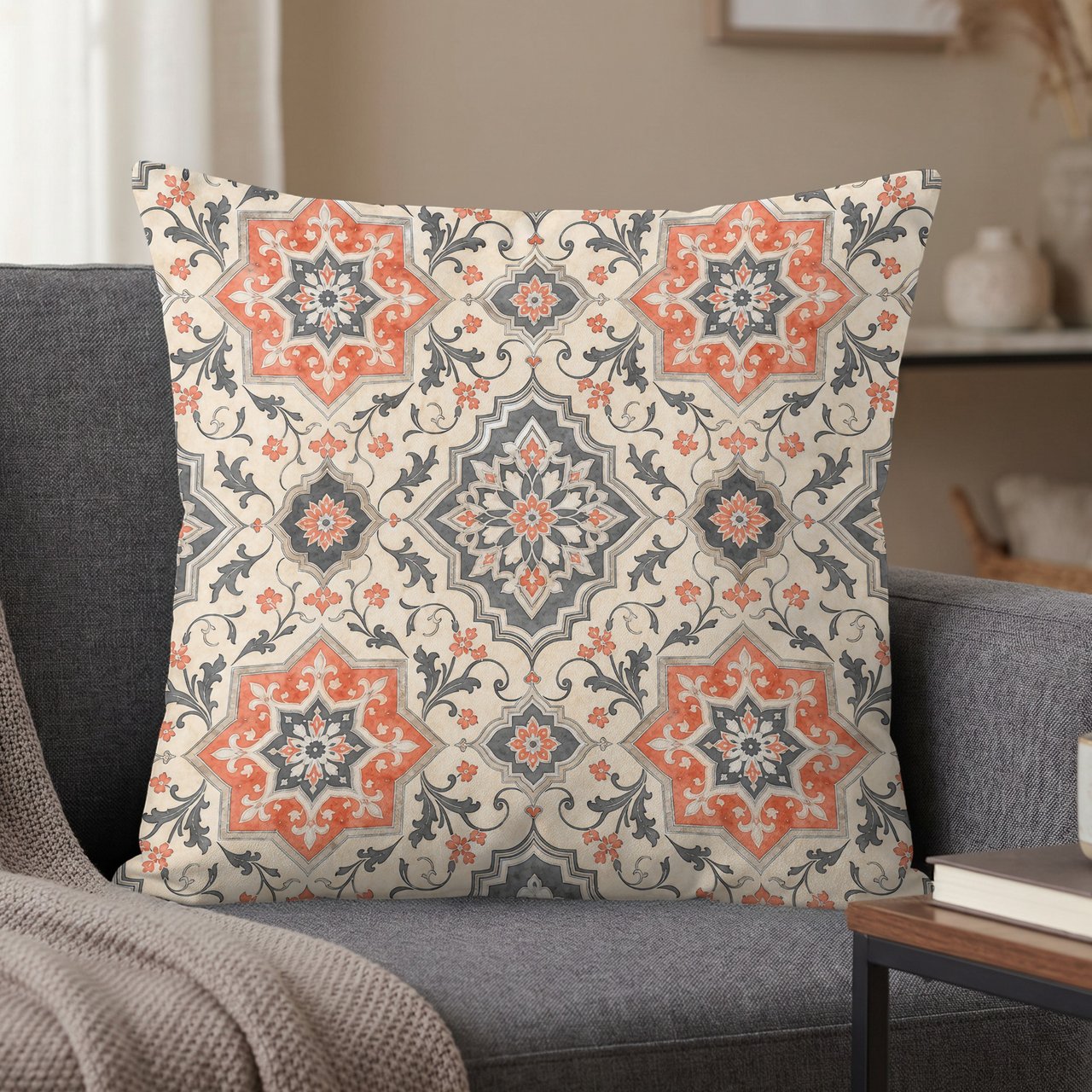 Mediterranean Tile Pillow Cover, Boho Terracotta & Grey Ornate Pattern Pillow Case, Global Chic Decorative Cushion