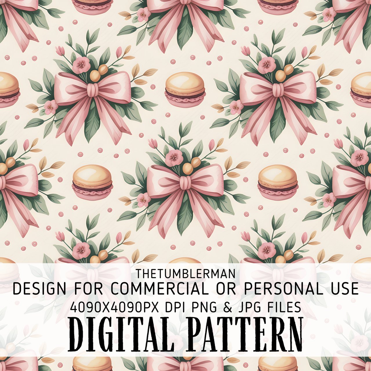 Digital Pattern, Macarons and Bows, Seamless Repeat Pattern, Digital Bundle, Food and Floral Pattern, Commercial Use, Graphic Design