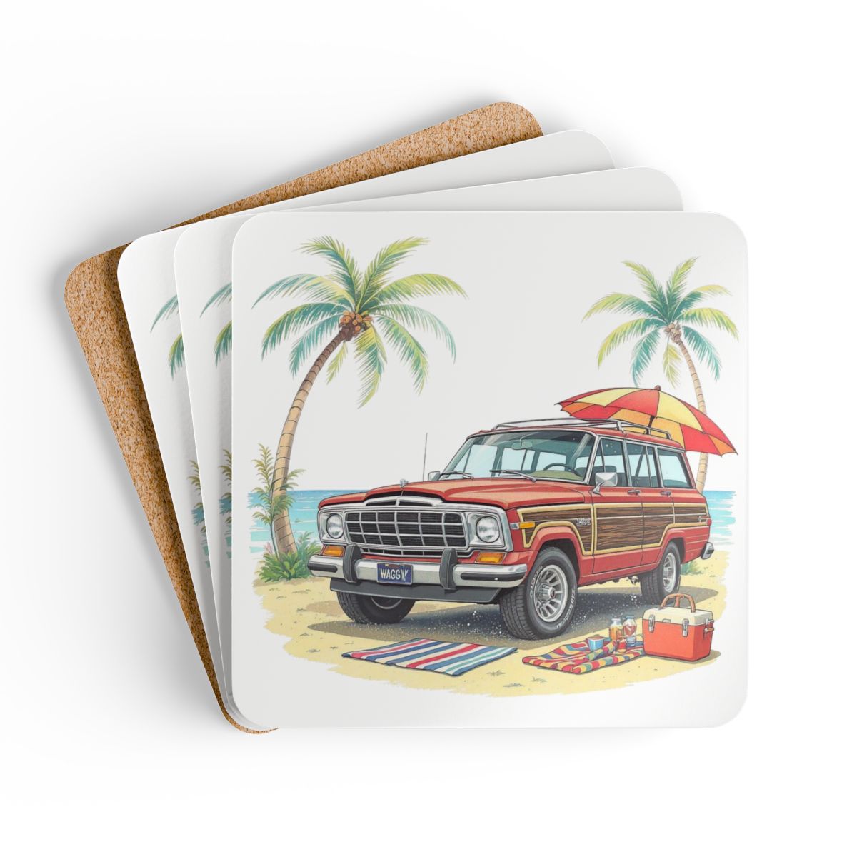 Grand Wagoneer Corkwood Coaster Set, The Waggy Coasters, Car Coasters, Beach Scene, Car Lover Gift, Drink Coasters, Automobile Art