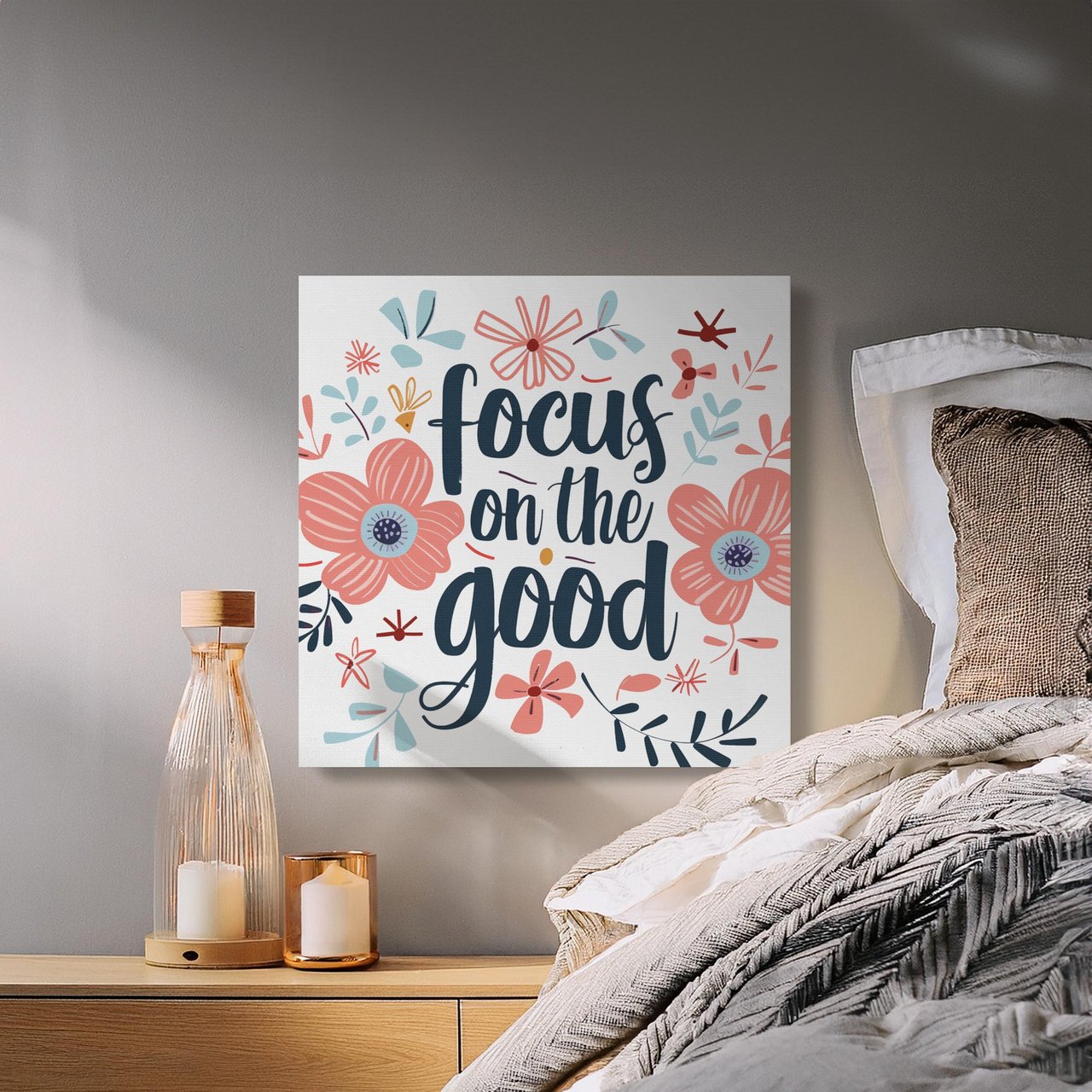 Focus on the Good Canvas Wrap, Motivational Wall Art, Floral Decor, Inspirational Quote, Positive Affirmation Art, Home Decor Canvas