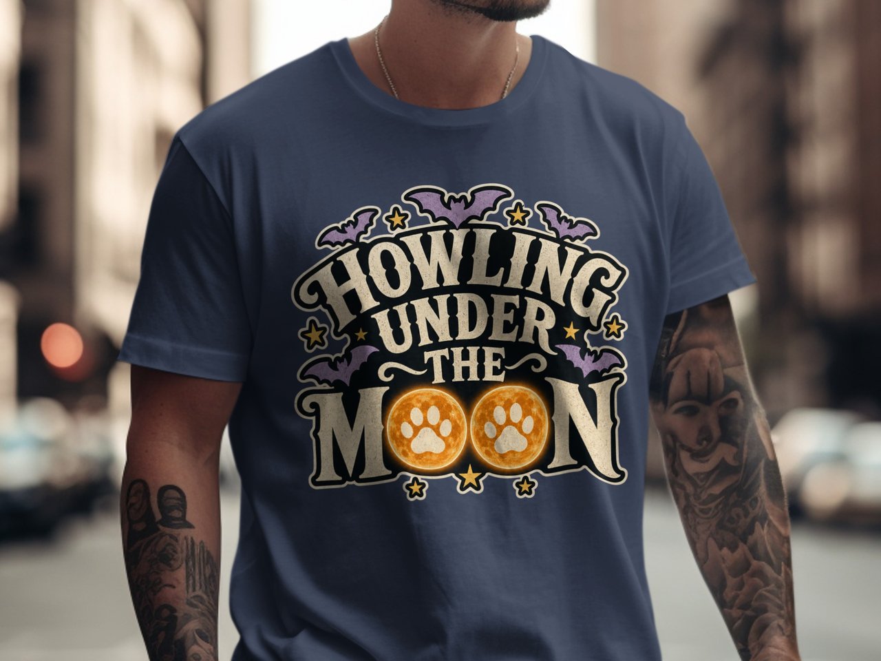 Howling Under The Moon Halloween T-Shirt, Retro Spooky Season Tee, Dog Lover Paw Print Moon Shirt, Vintage Bat Shirt Gift