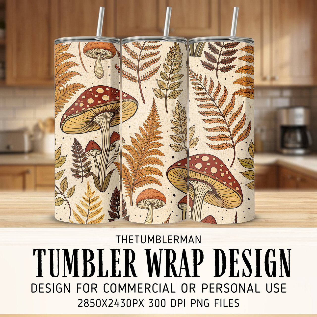 Cottagecore Mushroom & Fern Digital Art Size Bundle Png