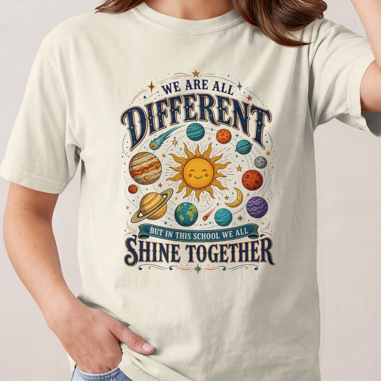 Teacher Appreciation Shirt, We Are All Different But In This School We All Shine Together Planets Space Vintage T-Shirt Sweatshirt