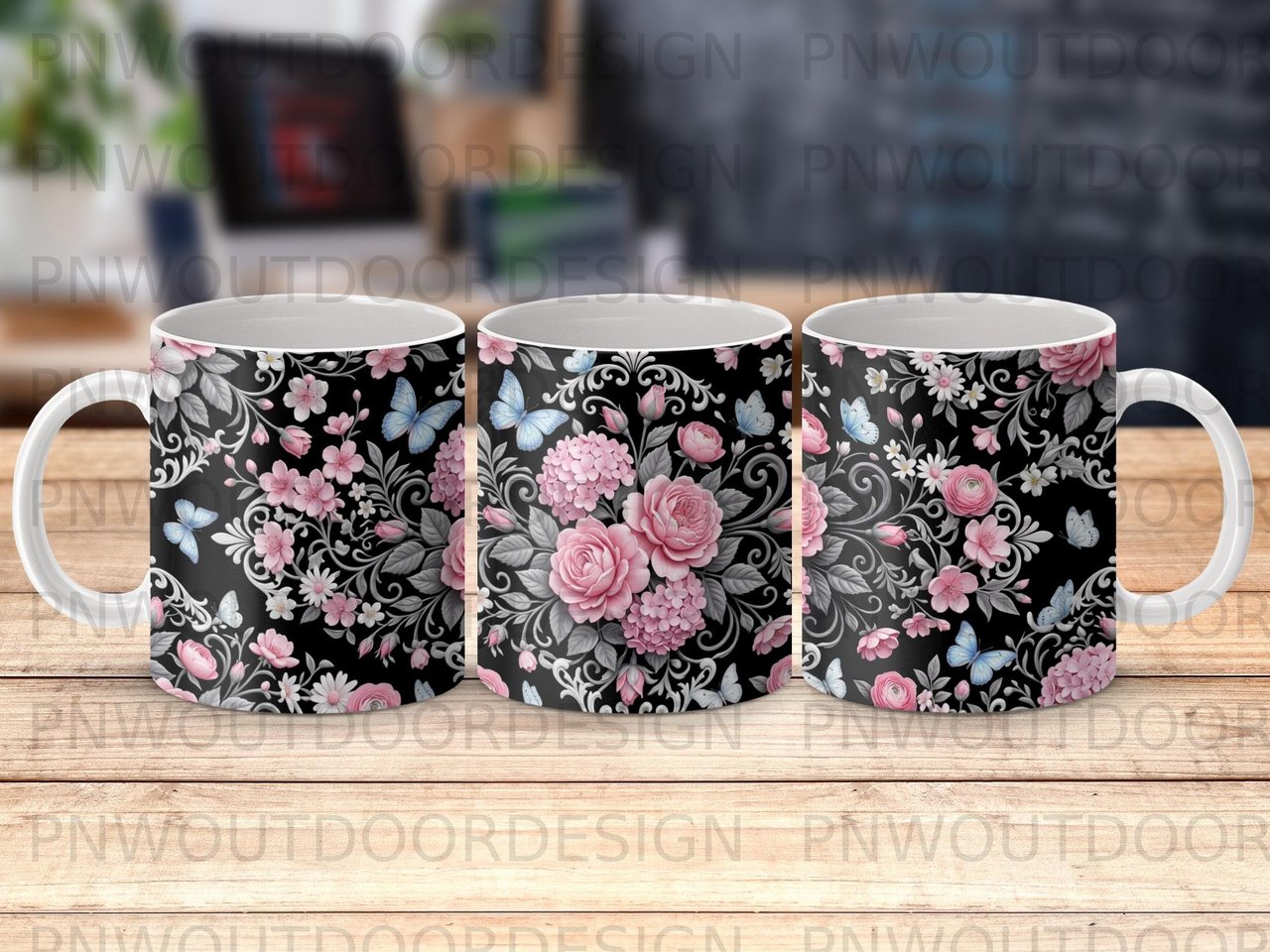 Dark Floral Butterfly Mug Wrap Sublimation, 11oz 15oz Digital Design, Pink Flower Cottagecore PNG for Her Birthday Gift