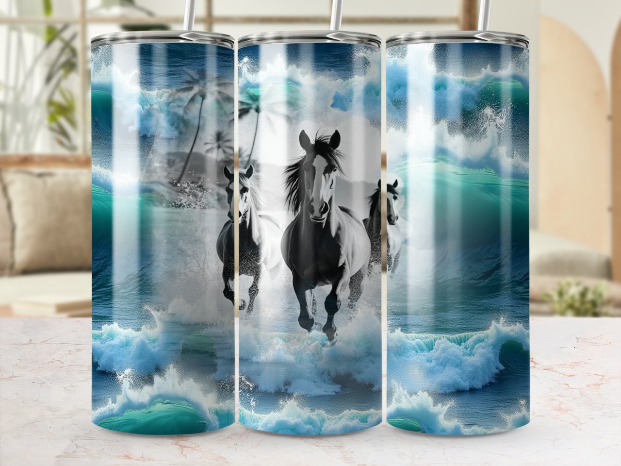 Horses and Waves 20oz Tumbler Wrap, Beach Tumbler Design, Ocean Horse Wrap, Coastal Tumbler, Horse Lover Gift, Tropical Tumbler