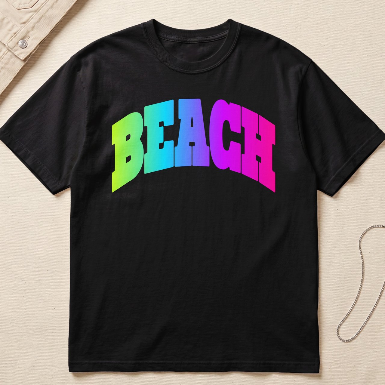 Beach T-Shirt, Neon Retro Summer Vacation Shirt, Colorful Gradient College Font Graphic Tee, Coastal Vibe Trendy 90s Y2K Top for Women