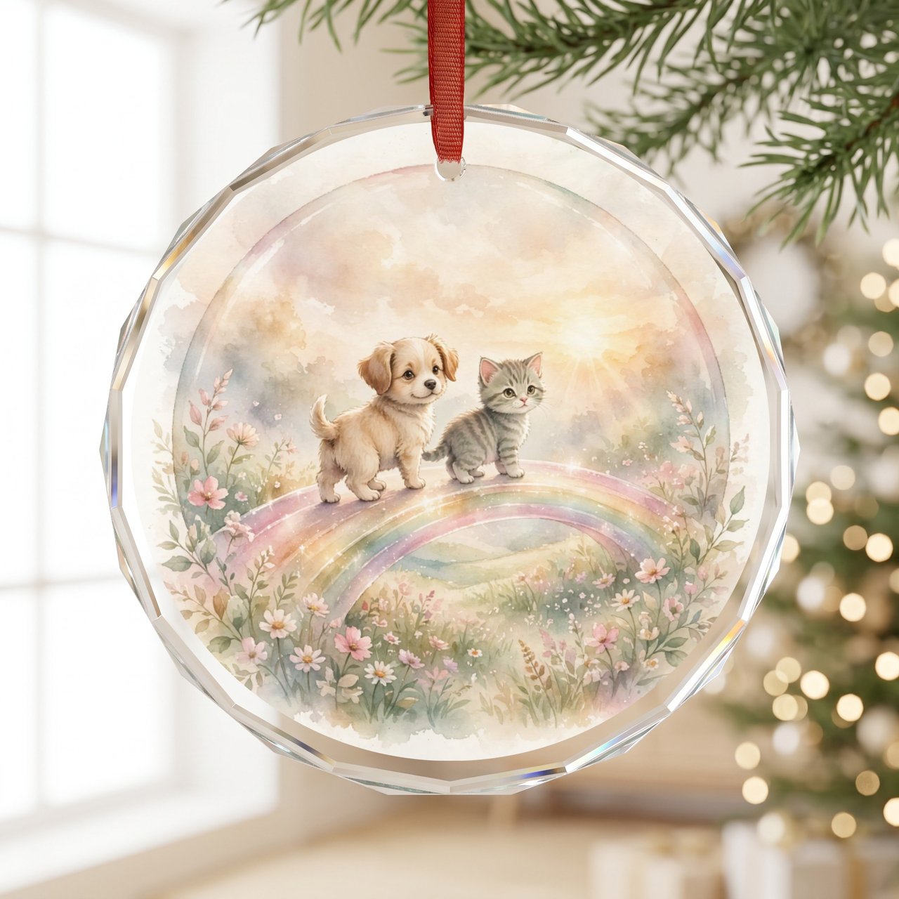 Puppy And Kitten Memorial Ornament — Rainbow Bridge Best Friends Sympathy Gift, Personalized Pet Loss Keepsake