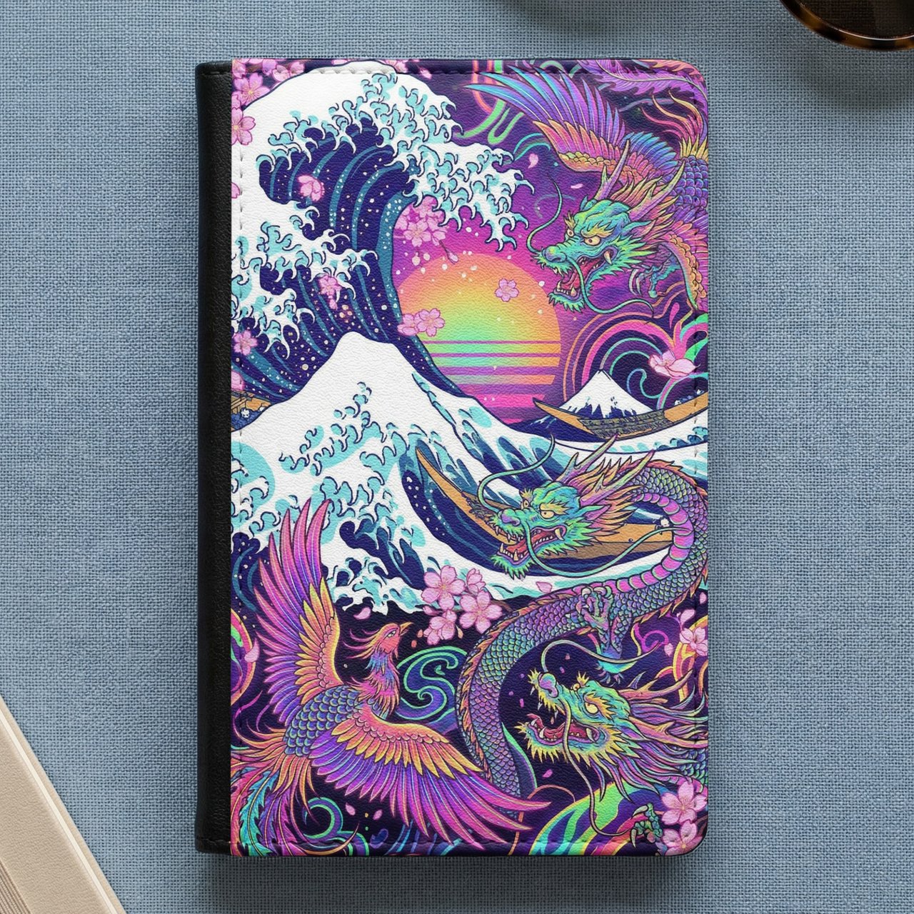 Neon Japanese Dragon Wave Passport Cover