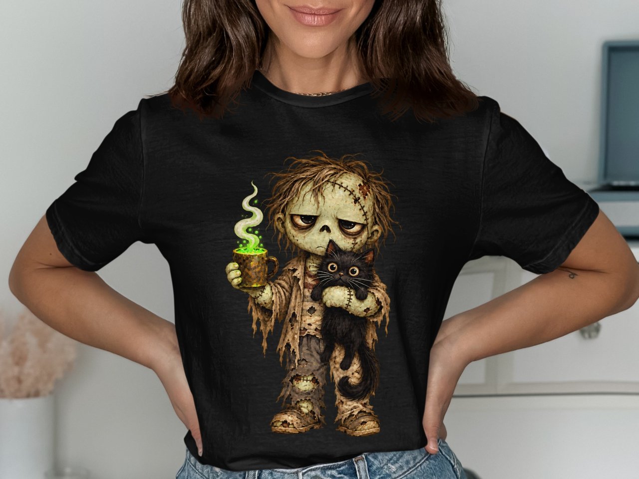 Tired Zombie and Black Cat Tee or Sweatshirt
