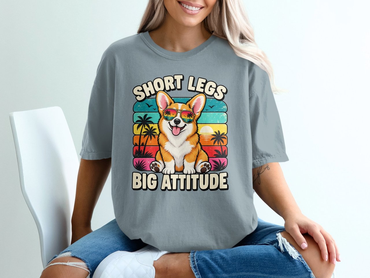 Short Legs Big Attitude Welsh Corgi Dog With Sunglasses Retro Tropical Sunset Standard T-Shirts