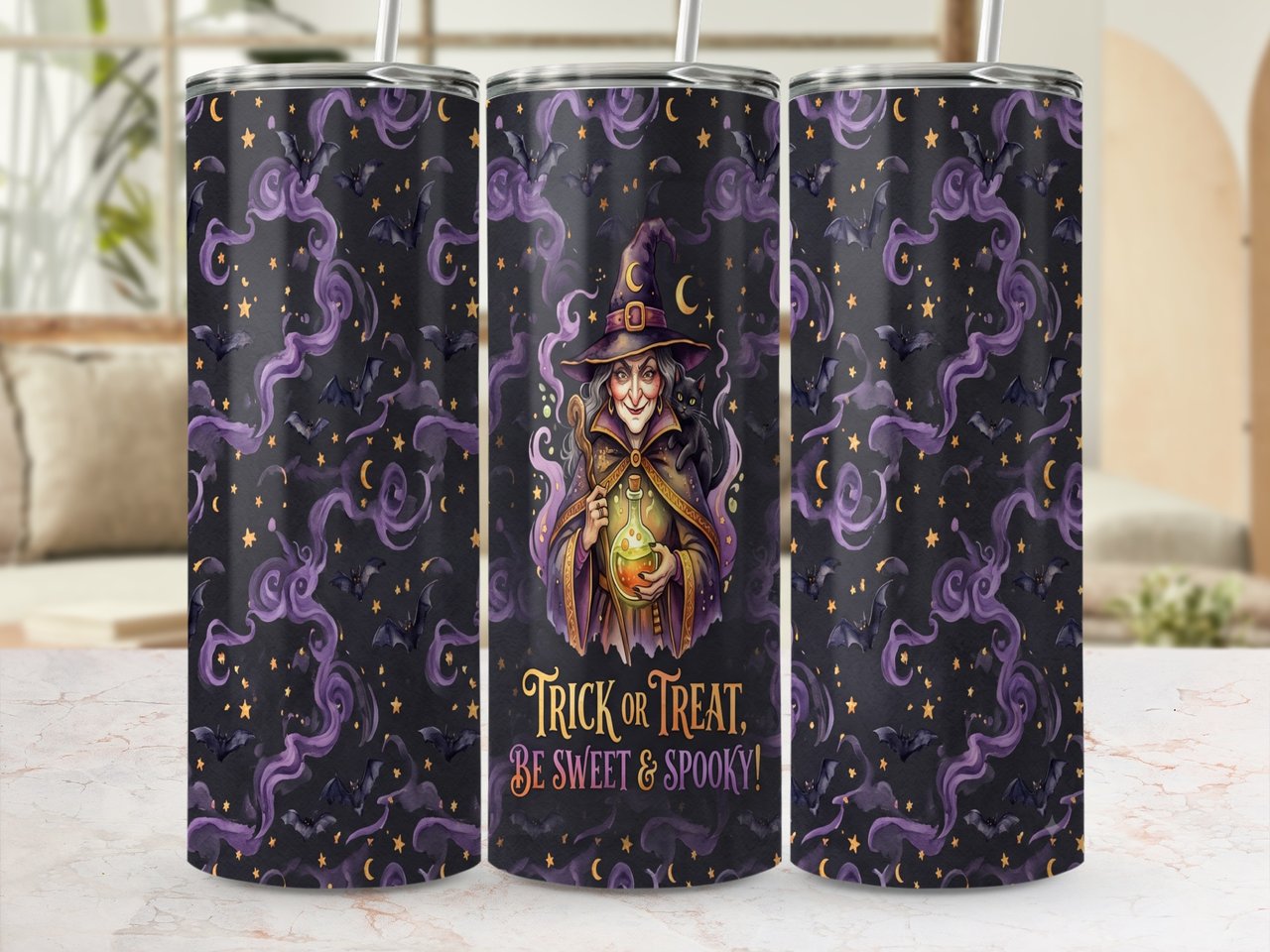 Halloween Witch Tumbler Wrap PNG | Spooky Trick or Treat 20oz Skinny Tumbler Design | Seamless Sublimation Digital Download
