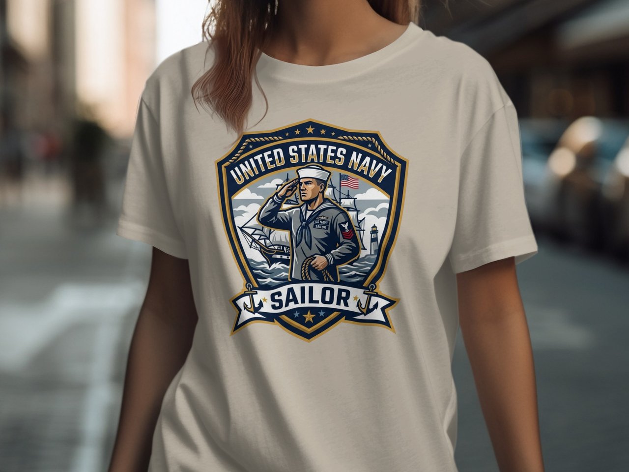 US Navy Sailor T-Shirt, Patriotic Military Veteran Gift for Him, American Flag Navy Anchor Tee, Ship & Lighthouse Graphic Shirt