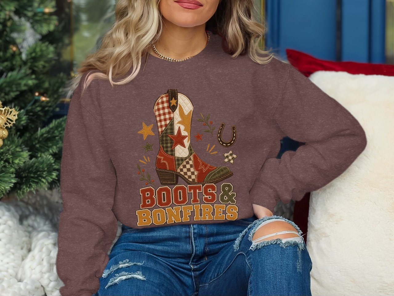 Boots & Bonfires Tee or Sweatshirt, Faux Patchwork Design