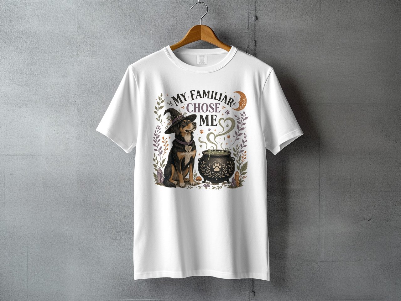 My Familiar Chose Me Witchy Dog T-Shirt, Rescue Dog Mom Gift, Cottagecore Pet Lover Tee, Mystical Witch Halloween Shirt