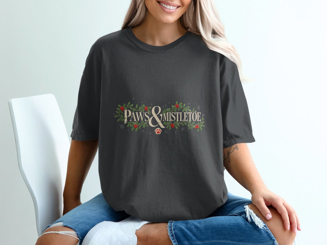 Paws and Mistletoe T-Shirt | Christmas Pet Lover Holiday Tee, Festive Dog Cat Mom Gift, Winter Animal Apparel