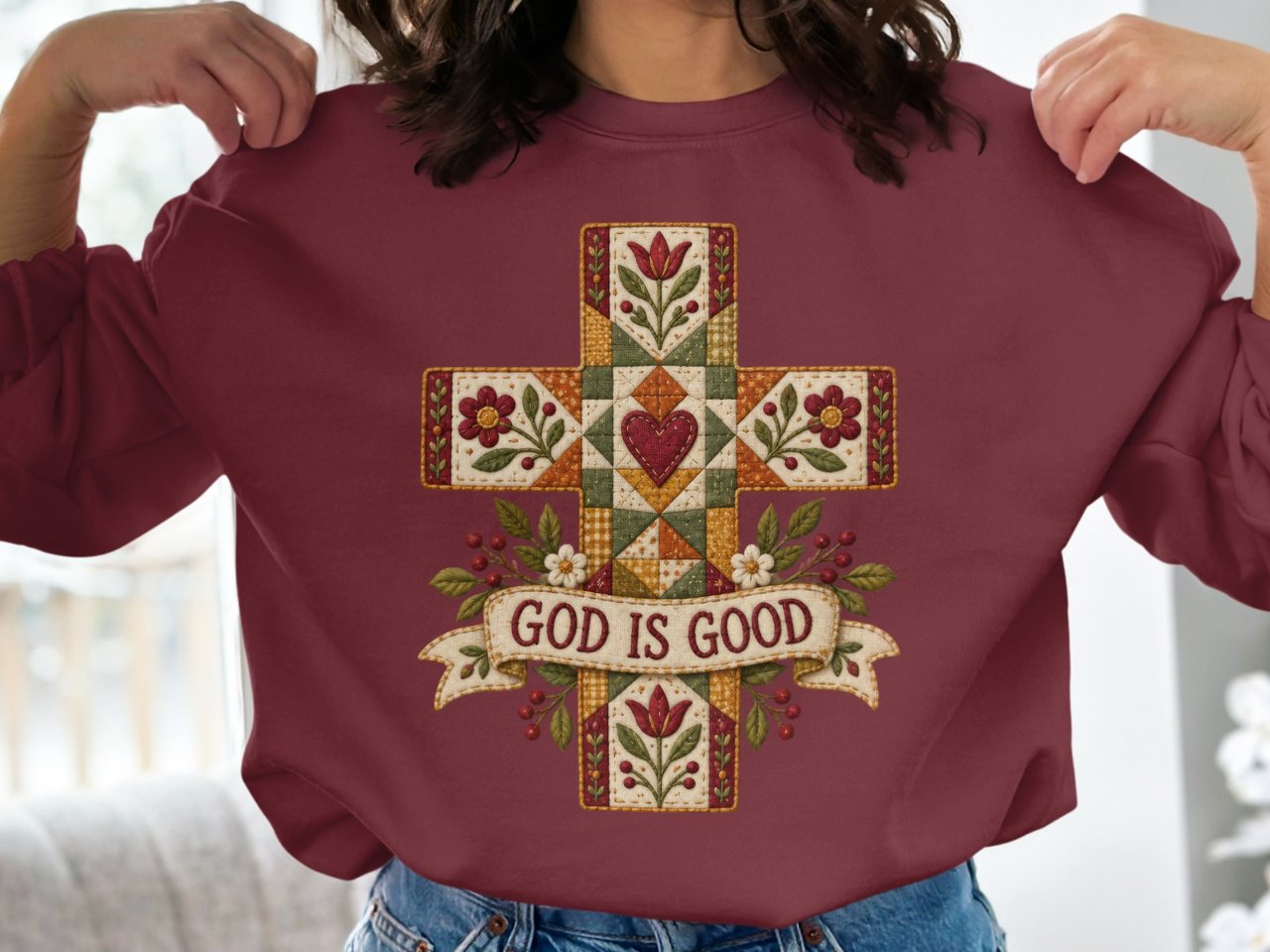 God Is Good Christian Sweatshirt, Quilted Cross Hoodie, Faux Patchwork Floral Faith Tote Bag, Country Folk Art Religious Easter Gift