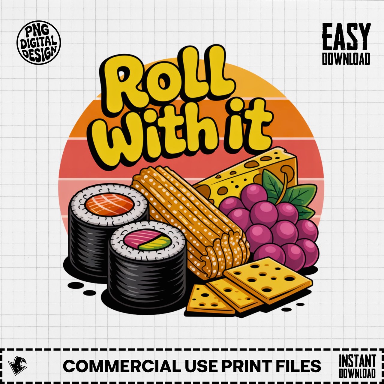 Roll With It Digital Product, Sushi Cheese Grapes Pretzels Graphic, Food Lover PNG, Positive Vibe Design, Snack Time Download
