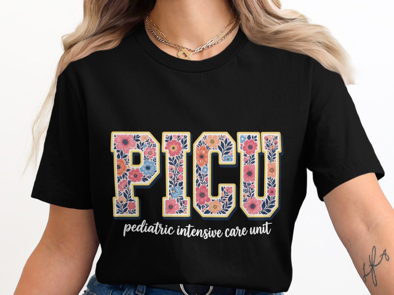 Floral PICU Pediatric ICU Nurse T-Shirt: Retro Flower Intensive Care Unit