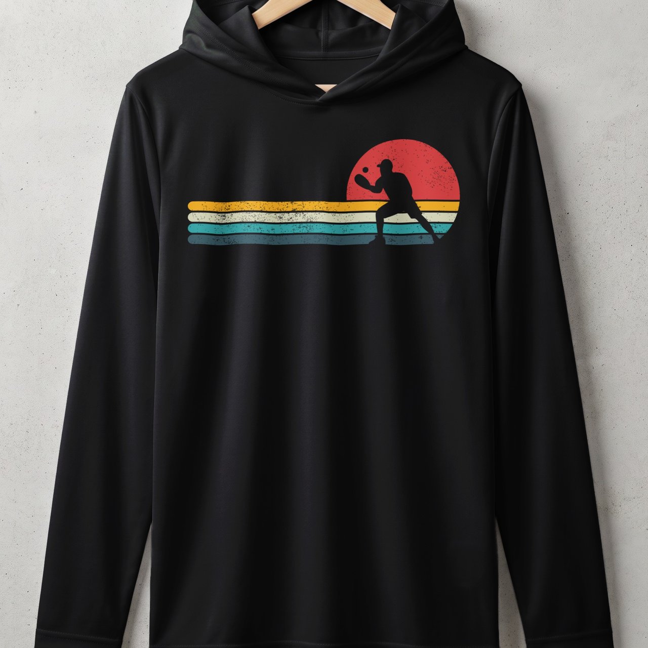 Pickleball Sport-Tek Performance Hood, Vintage Retro Sunset Stripes Player Silhouette, Lightweight Hoodie