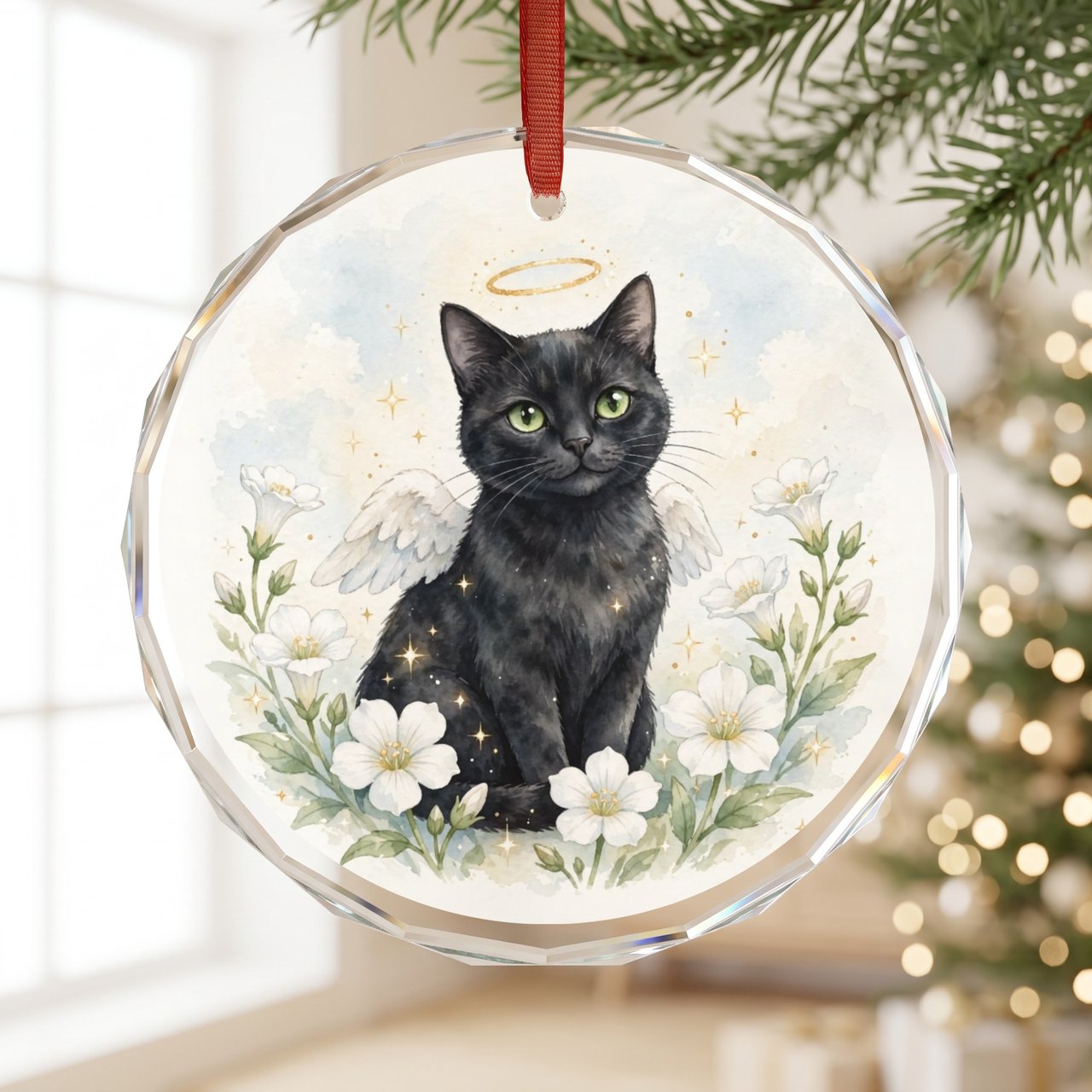 Black Cat Memorial Ornament — Moonflower Angel Cat Sympathy Gift, Personalized Pet Loss Keepsake