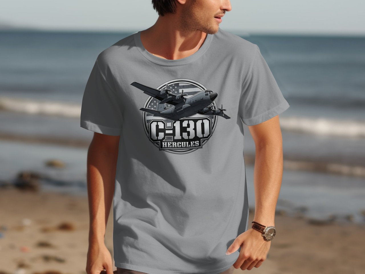 C-130 Hercules Military Aircraft T-Shirt, Veteran Pilot Air Force Gift, Patriotic Aviation Enthusiast Tee, Faux Metal Distressed Flag Print