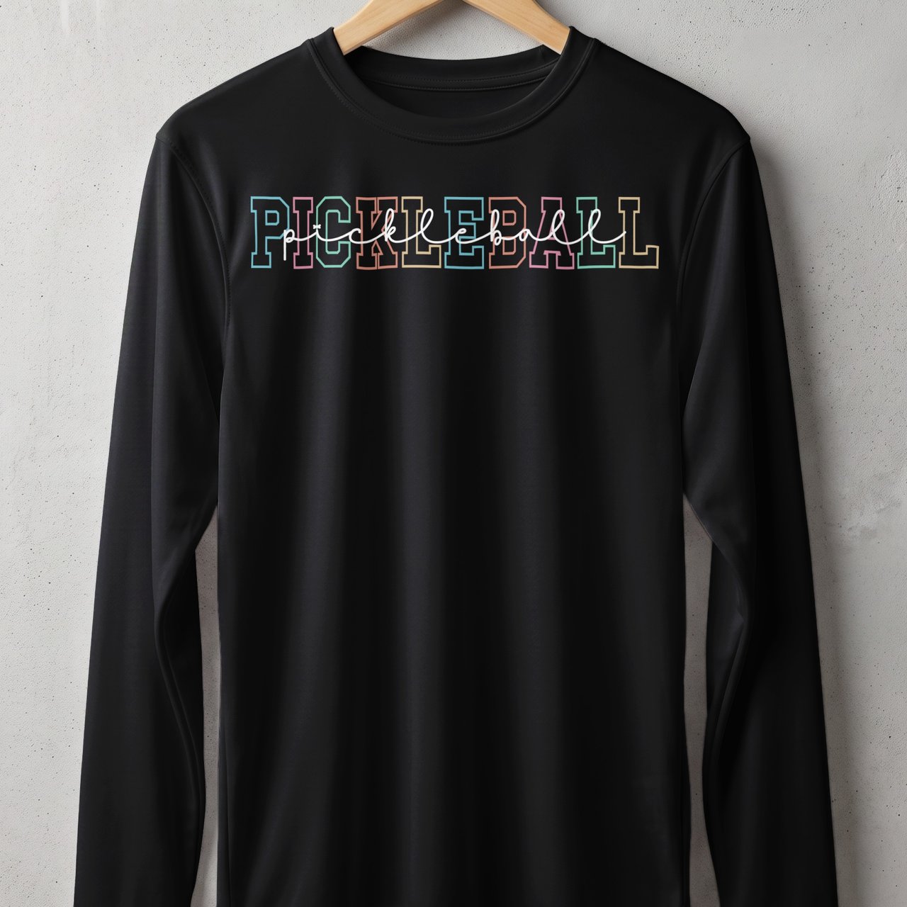 Pickleball Sport-Tek Long Sleeve Tee, Pastel Varsity Pickleball Script, Sun Shield Shirt