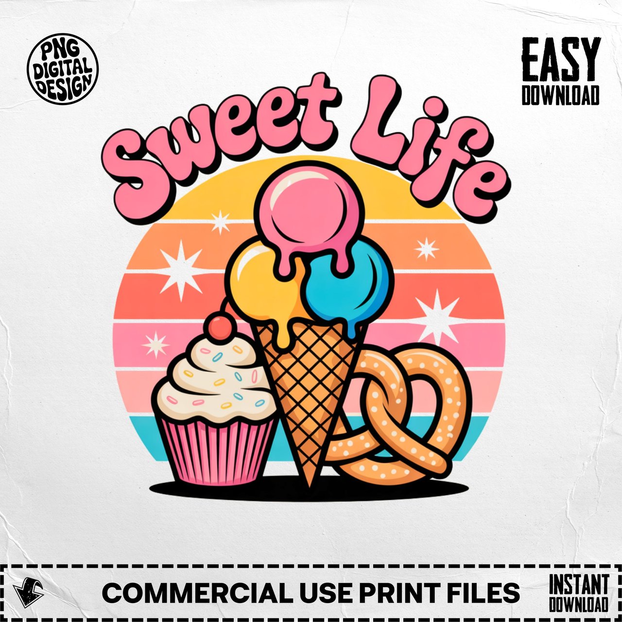 Sweet Life Digital PNG, Retro Ice Cream Cupcake Pretzel Graphic, Groovy Dessert Art, Summer Food Download, Candy Clipart
