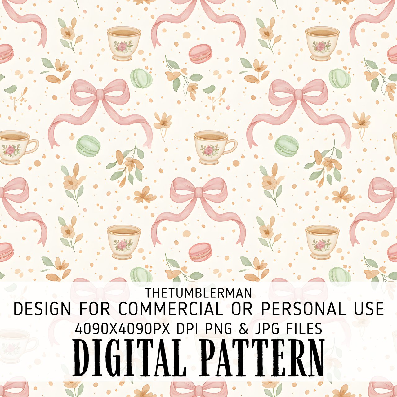 Digital Floral Pattern, Seamless Watercolor Teacup and Macarons, Pink Bows, Flower Illustration, Digital Bundle Pattern for Commercial Use