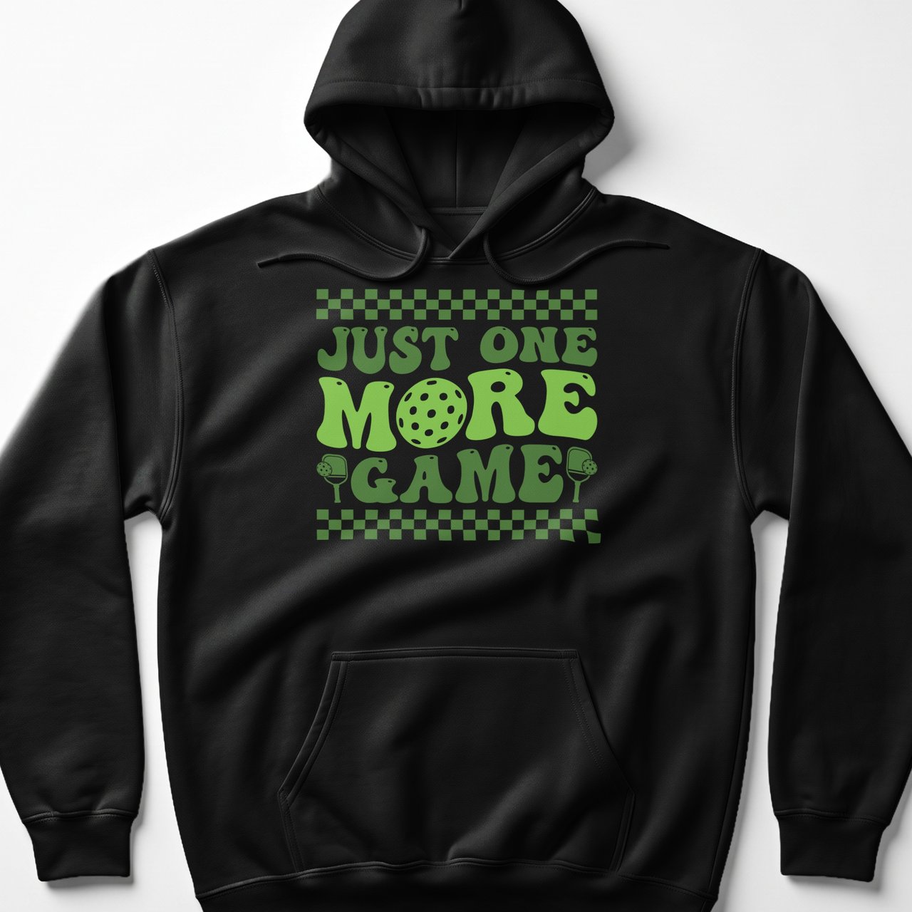 Pickleball Gildan Fleece Hoodie, Just One More Game, Retro Green Checkered Court Pullover Sweatshirt
