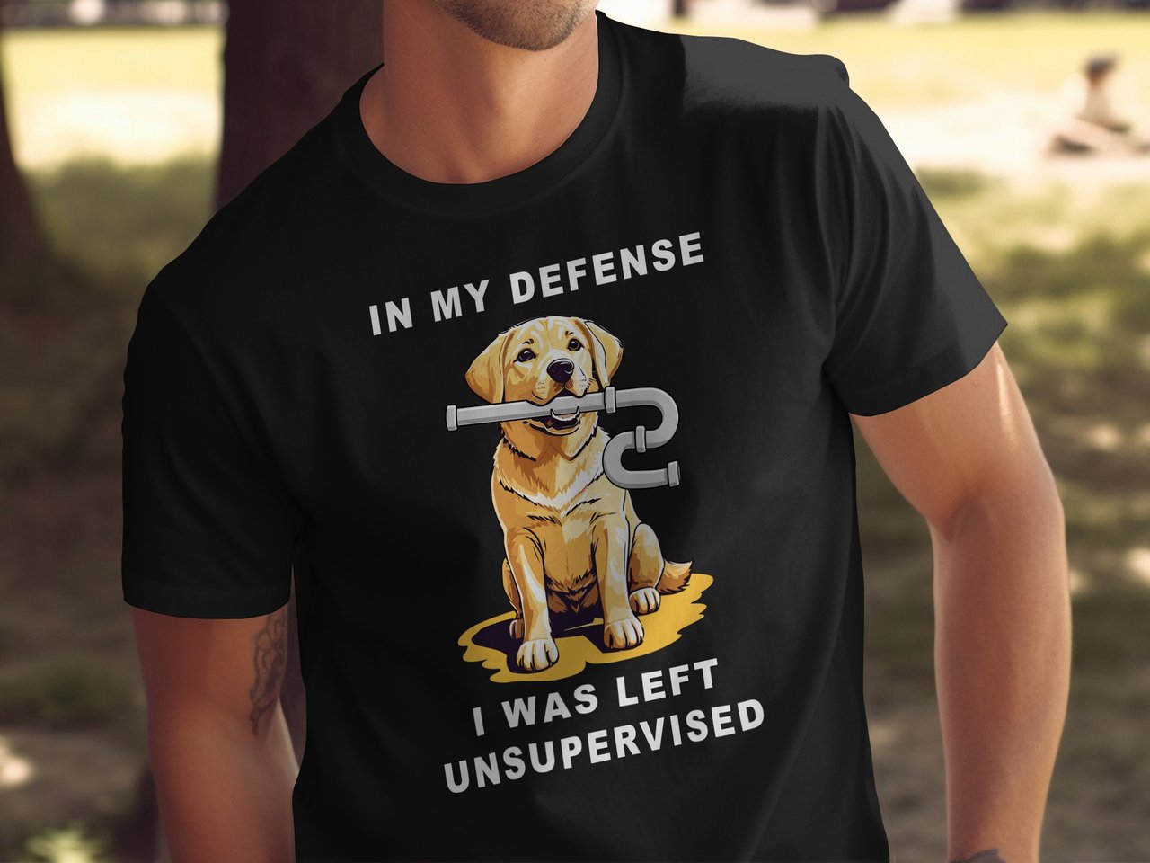 In my defence I was left unsupervised, yellow lab dog has ripped a U-pipe from under the sink funny graphic t-shirt.