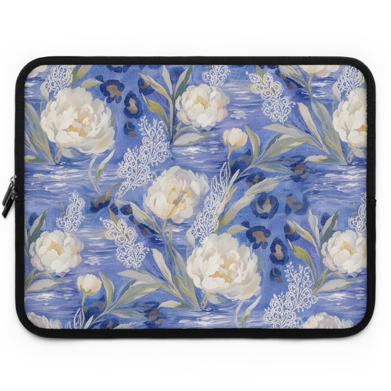 Blue Leopard White Peony Laptop Sleeve, Faux Lace Floral Tech Bag, Artistic Accessory Pouch, Romantic Gift For Her