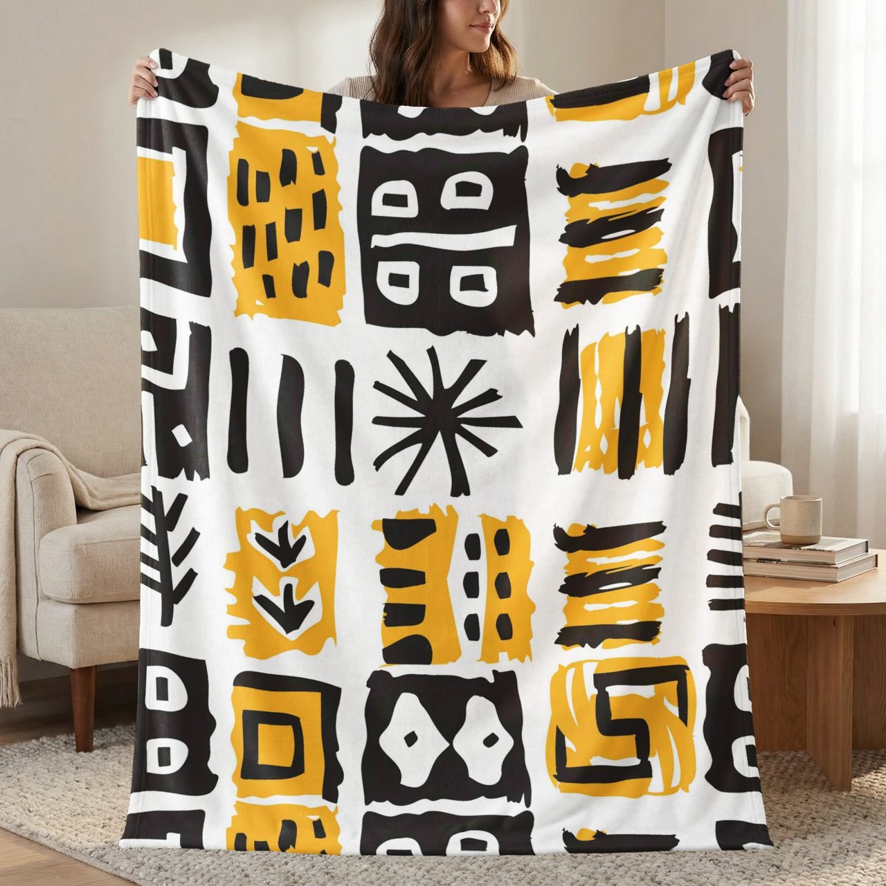 Abstract Mudcloth Pattern Velveteen Blanket, Boho African Design Throw Pillow, Geometric Black Yellow White Woven Blanket, Eclectic Home