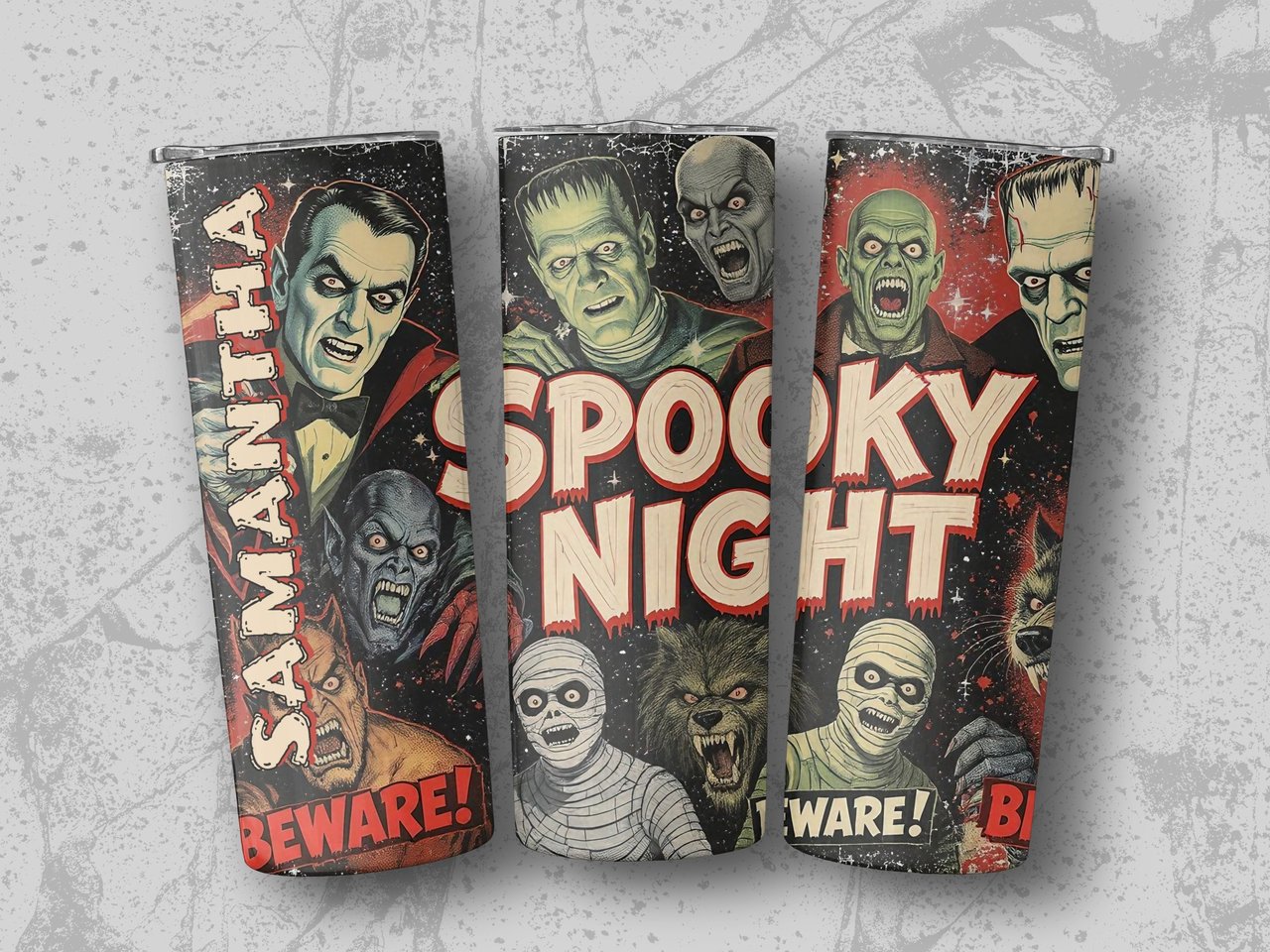 Personalized Halloween Tumbler, Spooky Night Design, Monster Tumbler, Dracula, Frankenstein, Werewolf, Mummy, Halloween Gift, Name Tumbler