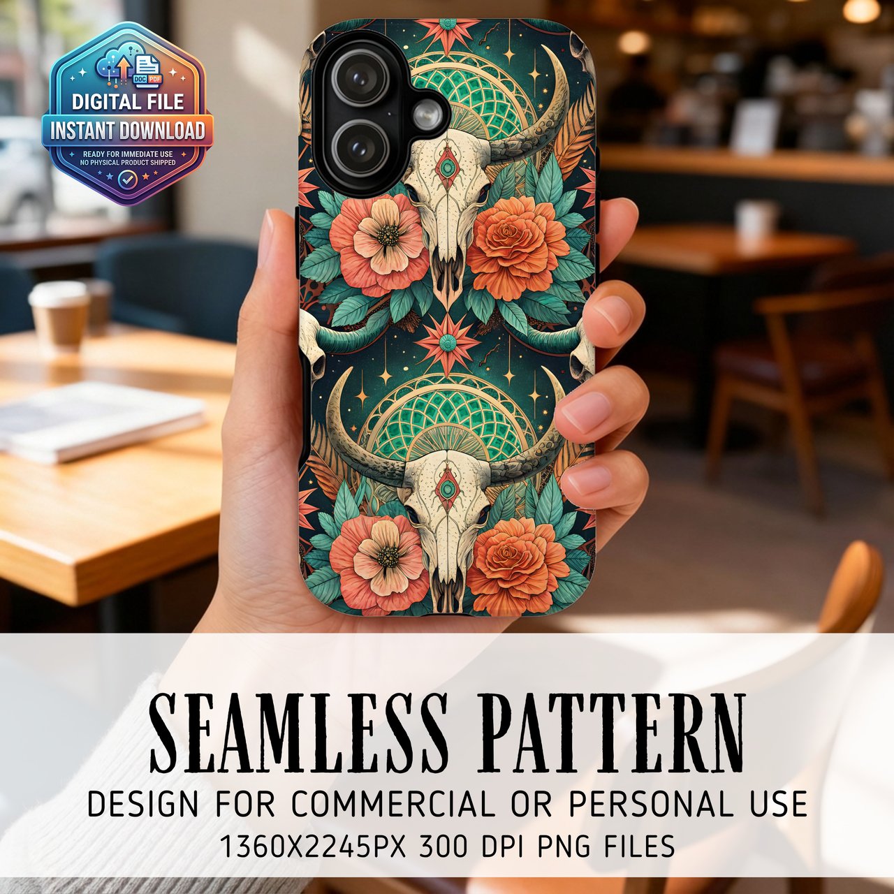 Western Boho Skull Digital Wallpaper